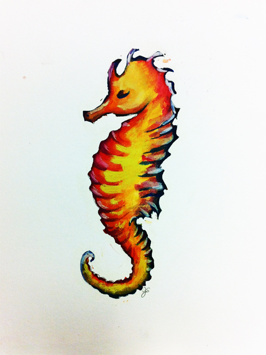 Sleepy Seahorse watercolor on paper 12" x 9"